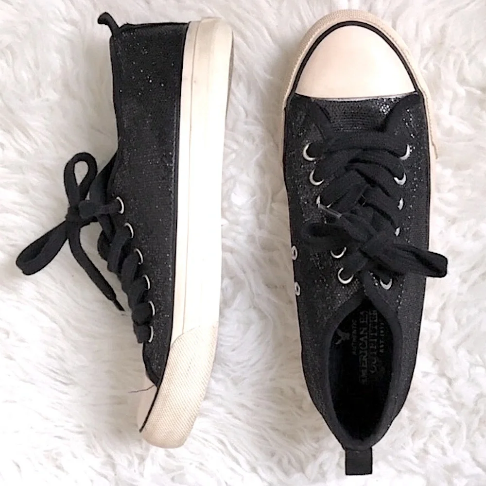 Sparkly Shoes AMERICAN EAGLE Chuck Taylor Style Shiny Black White Size 7